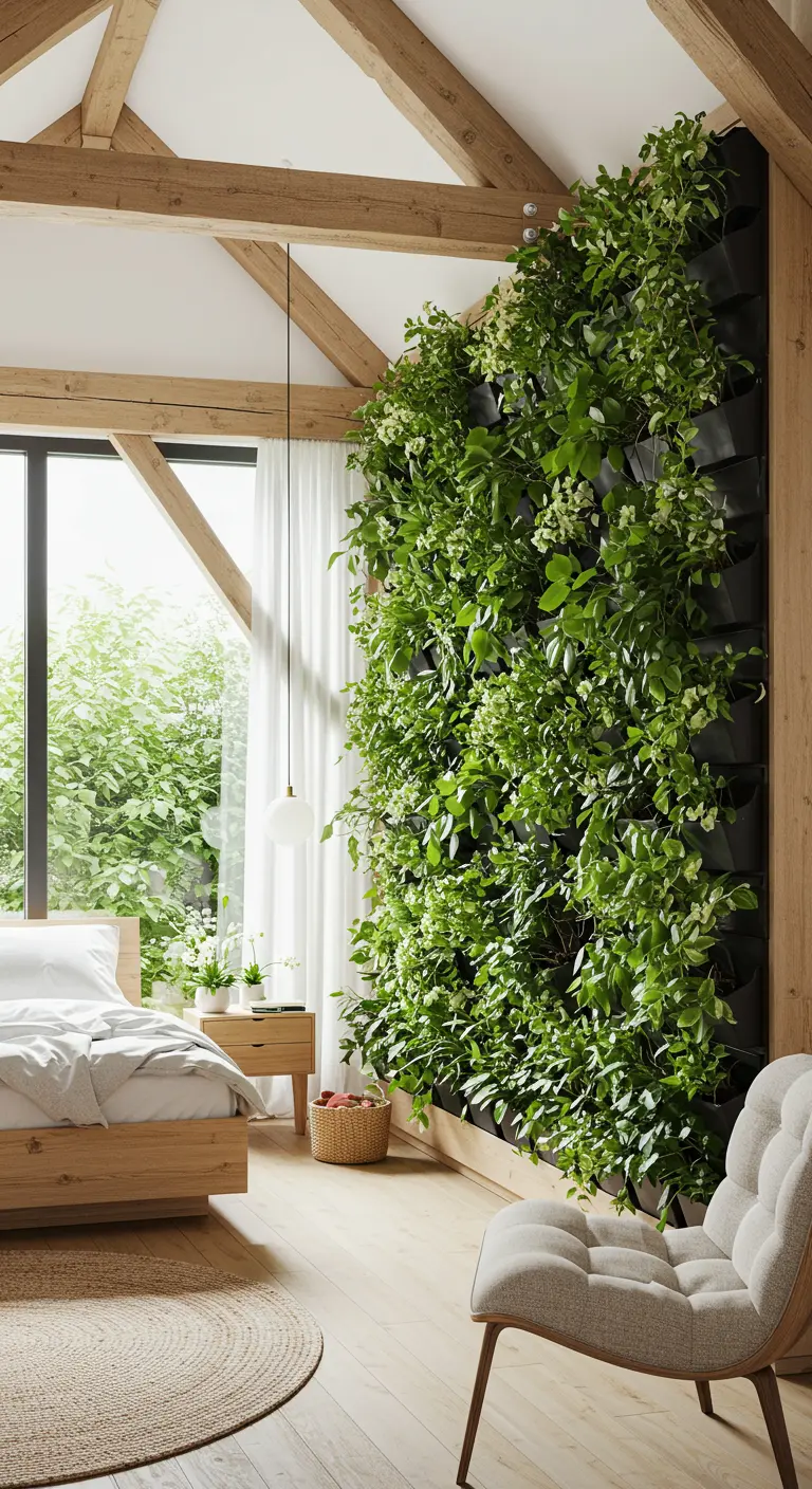 Grote verticale plantenwand scheidt het slaapgedeelte van de rest van de lichte kamer.