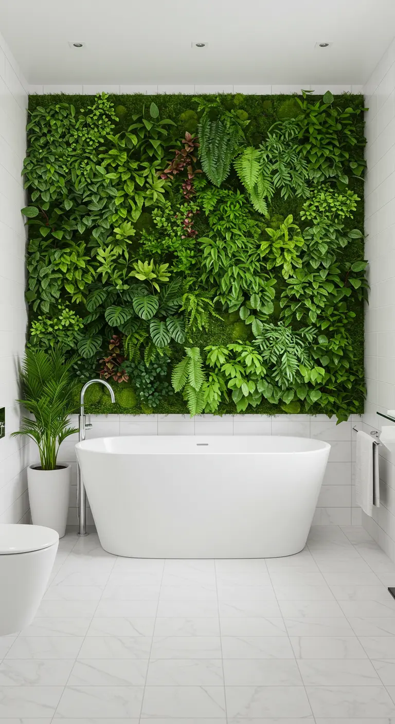 Witte badkamer met een grote, weelderige groene plantenwand achter het vrijstaande bad.