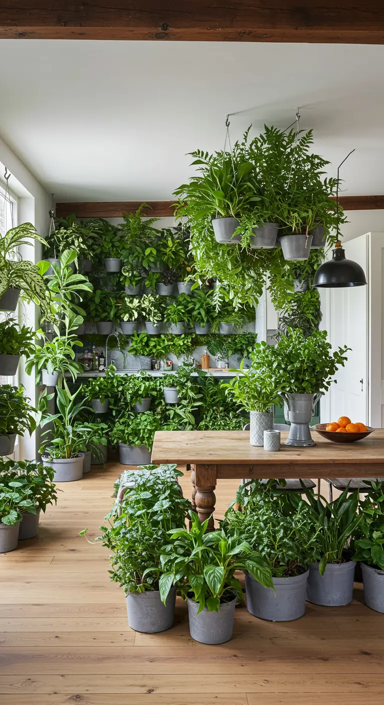 Open keuken en eethoek met een grote groene plantenwand als achtergrond en verbinder.