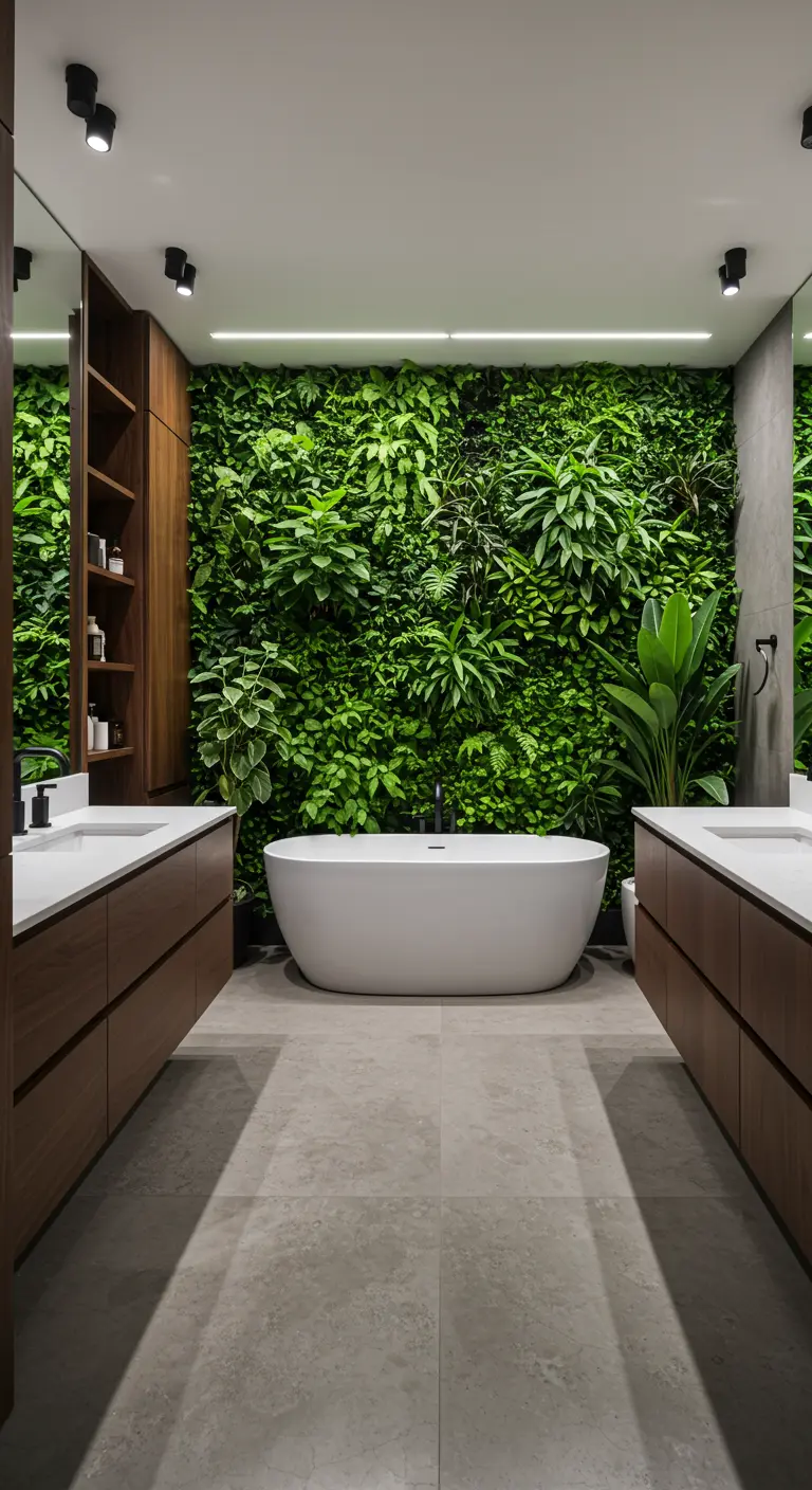 Badkamer met een grote verticale plantenwand achter een vrijstaand wit bad en dubbele wastafels.