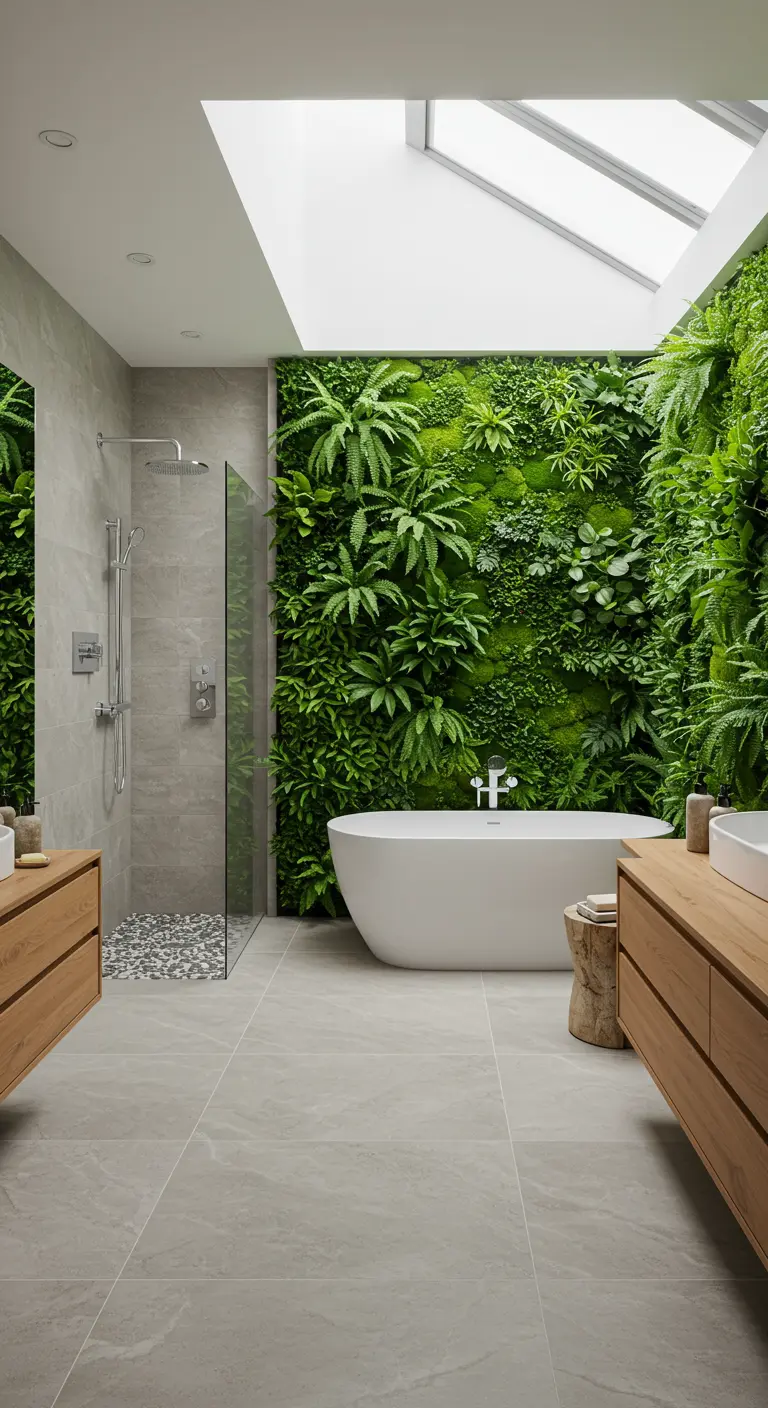 Badkamer met grijze tegels, vrijstaand bad en een grote groene plantenwand.