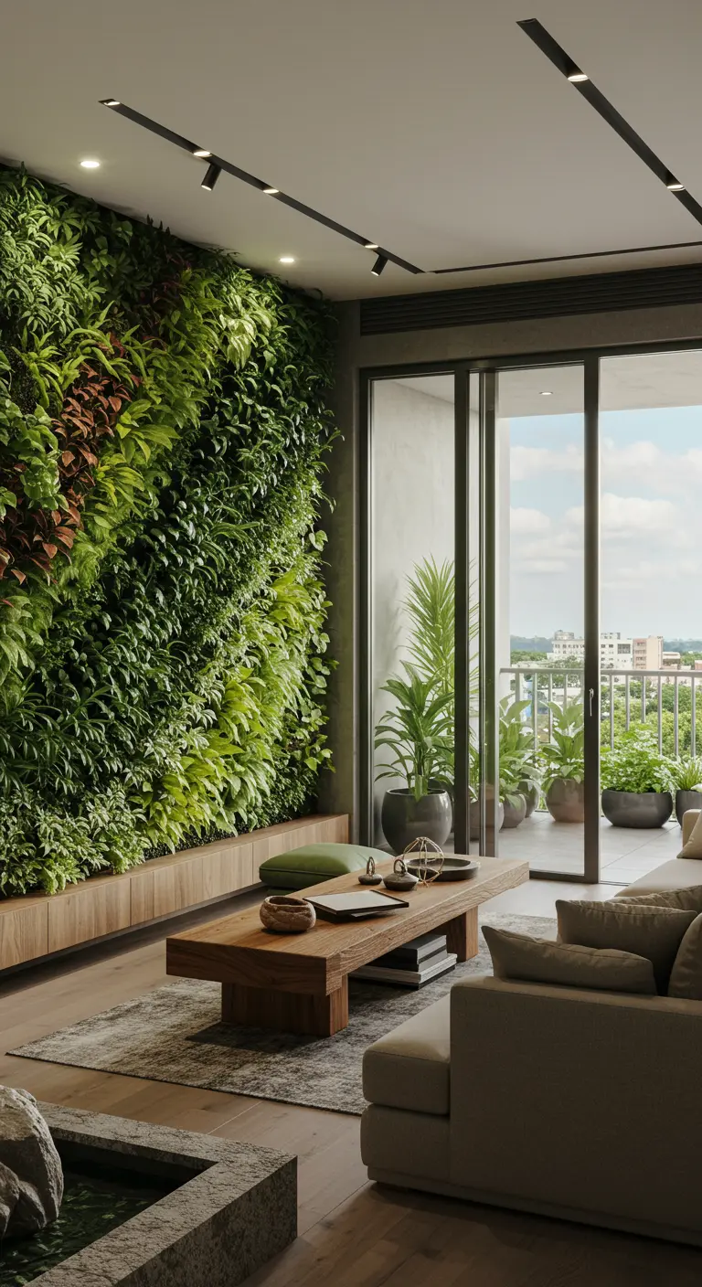 Woonkamer met grote verticale plantenmuur, houten salontafel en uitzicht naar balkon.
