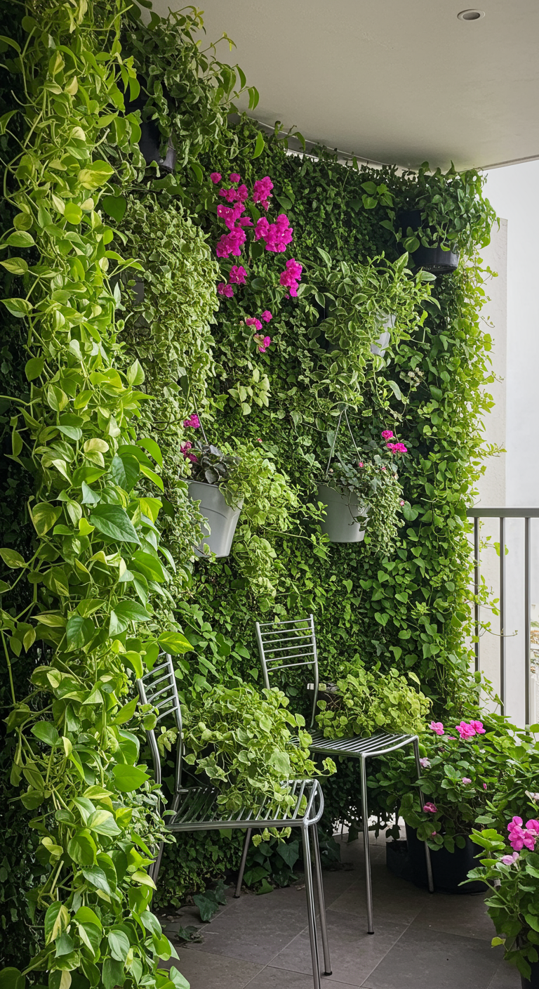 Balkon met een weelderige verticale groene muur van klimplanten en hangpotten.