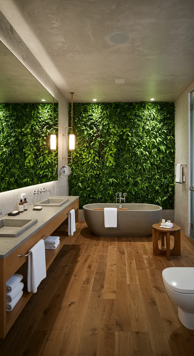 Moderne badkamer met een volledige wand bedekt met groene planten (living wall) en houten vloer.