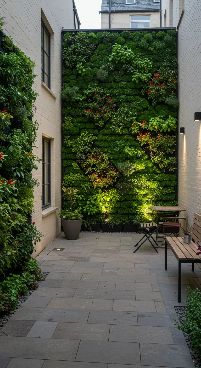 Grote verticale plantenwand met mossen, varens, chilipepers en andere planten, sfeervol verlicht.