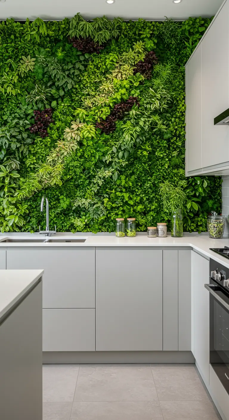 Moderne grijze keuken met een indrukwekkende, volle groene plantenwand als achterwand.