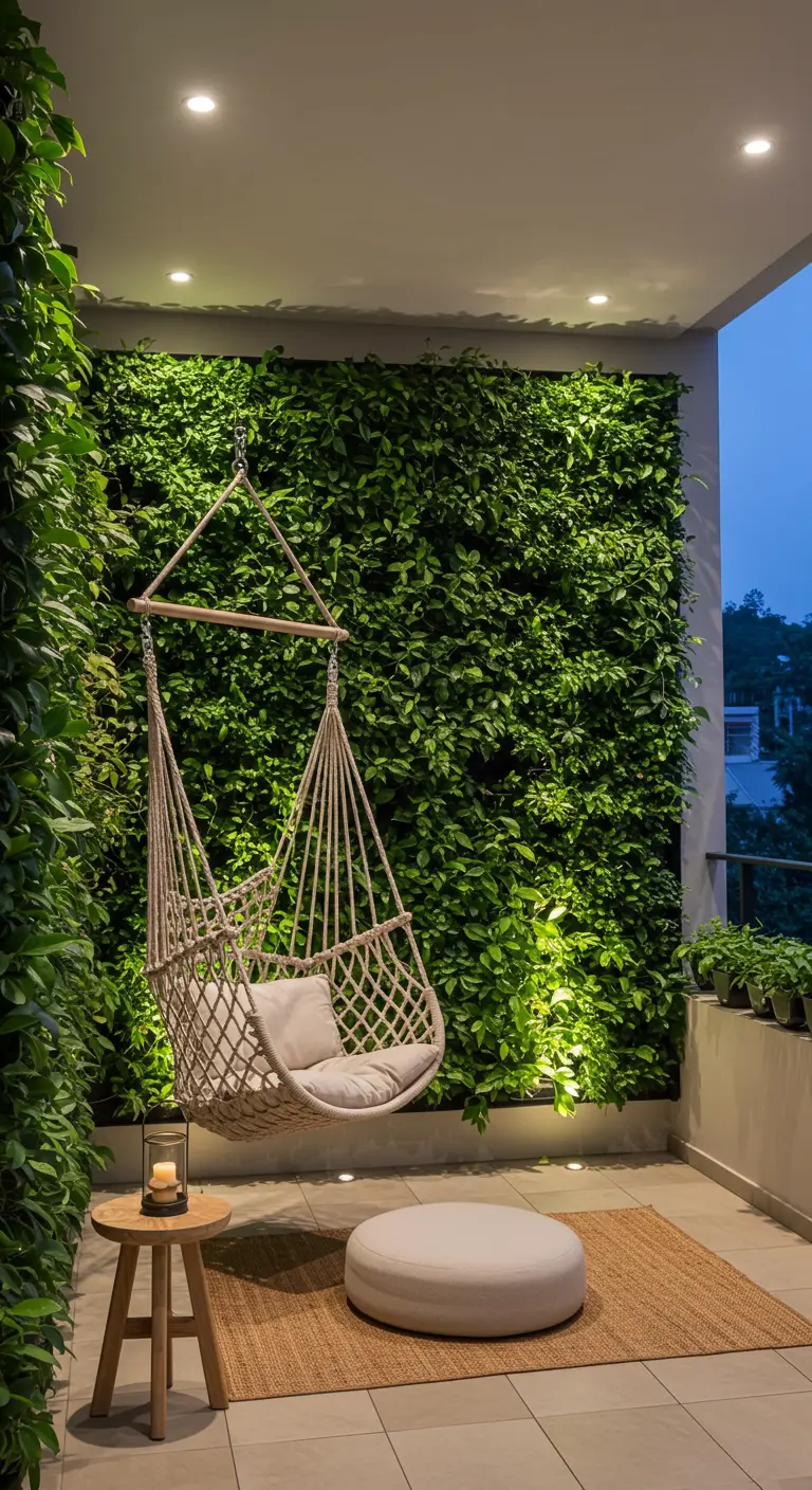 Witte macramé hangstoel voor een grote groene verticale plantenwand, minimalistisch gestyled.