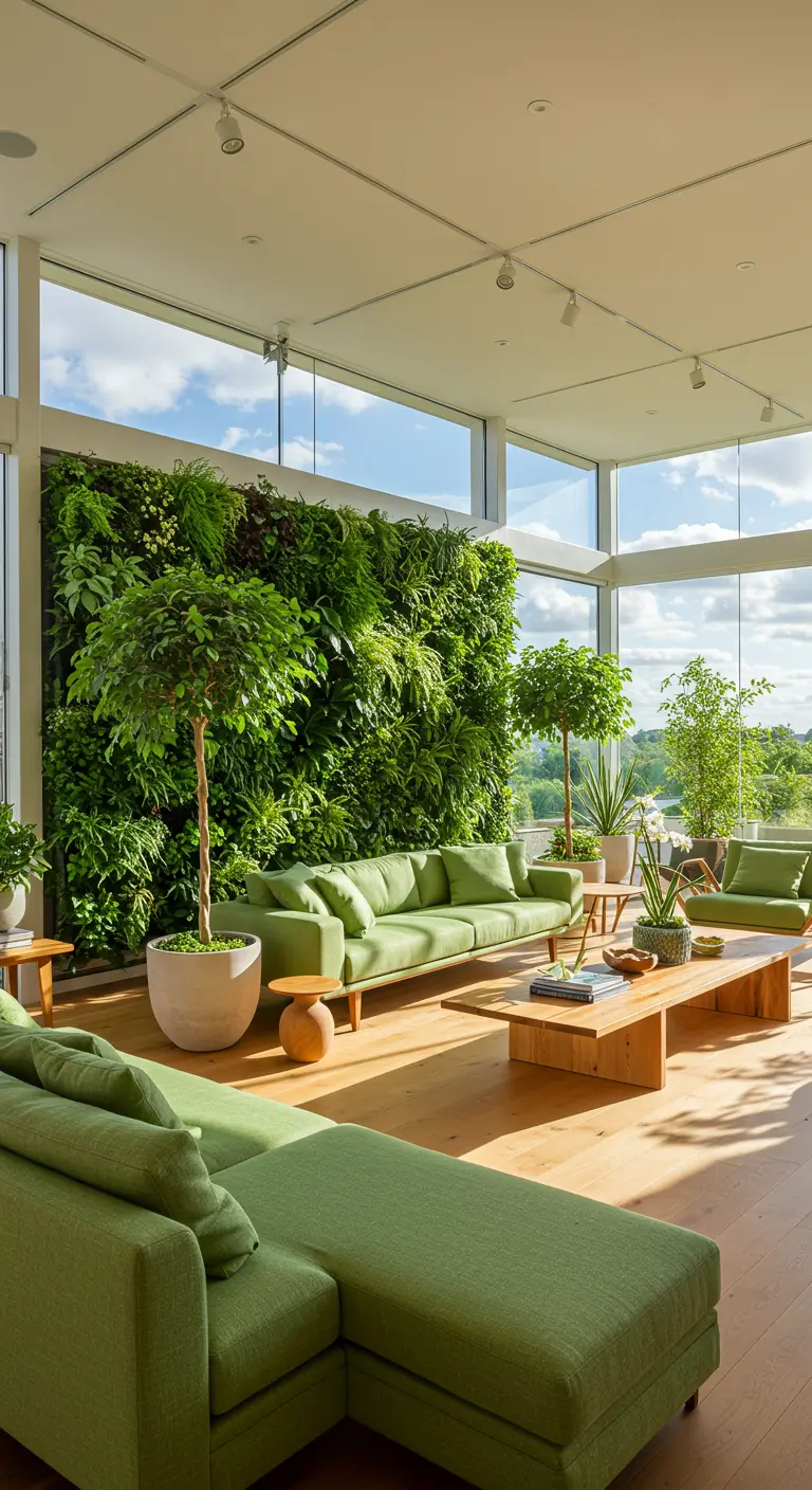 Woonkamer met groene plantenmuur, veel daglicht en groene banken.