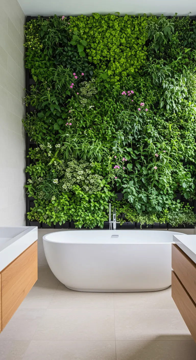Moderne badkamer met een grote, levende plantenwand achter het vrijstaande bad.