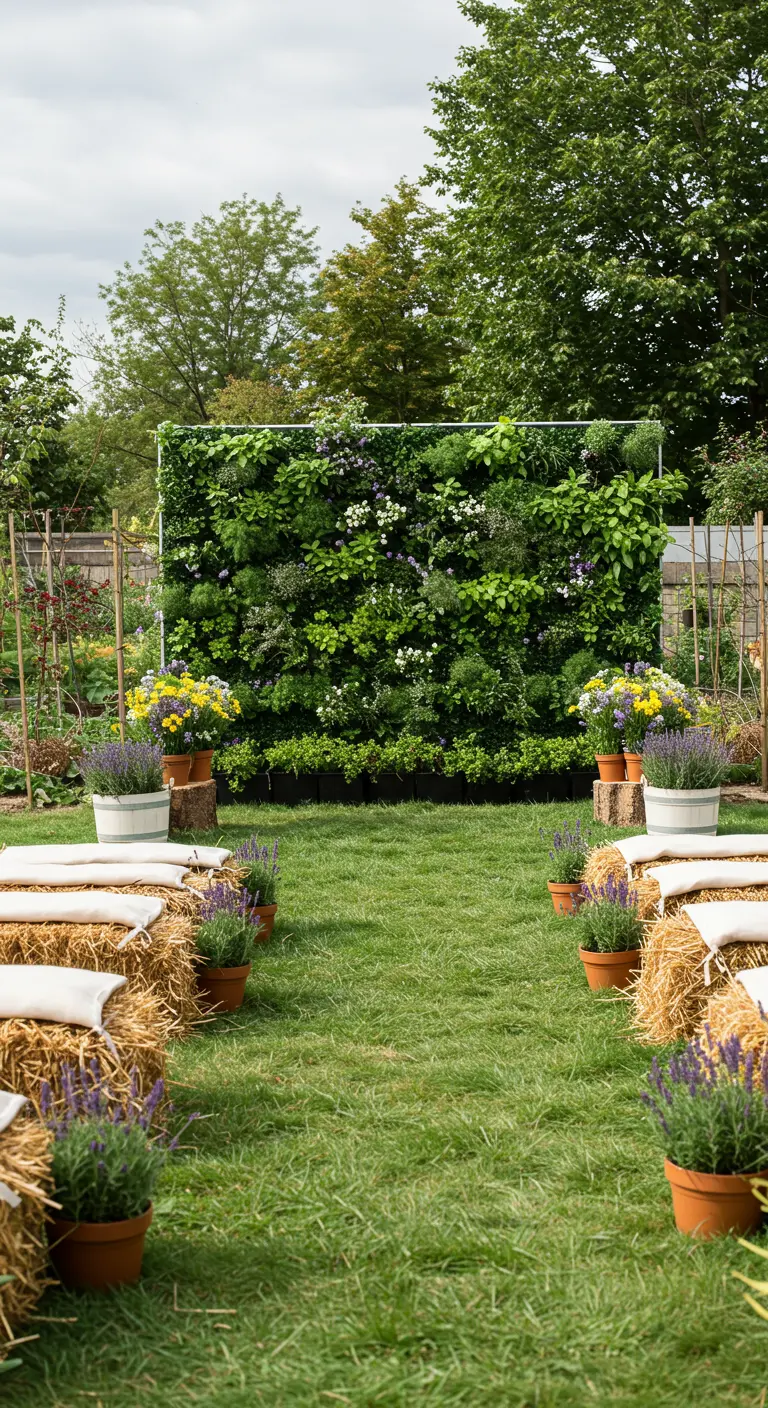 Buitenceremonie met een levende groene plantenmuur als backdrop en hooibalen als zitplaatsen.