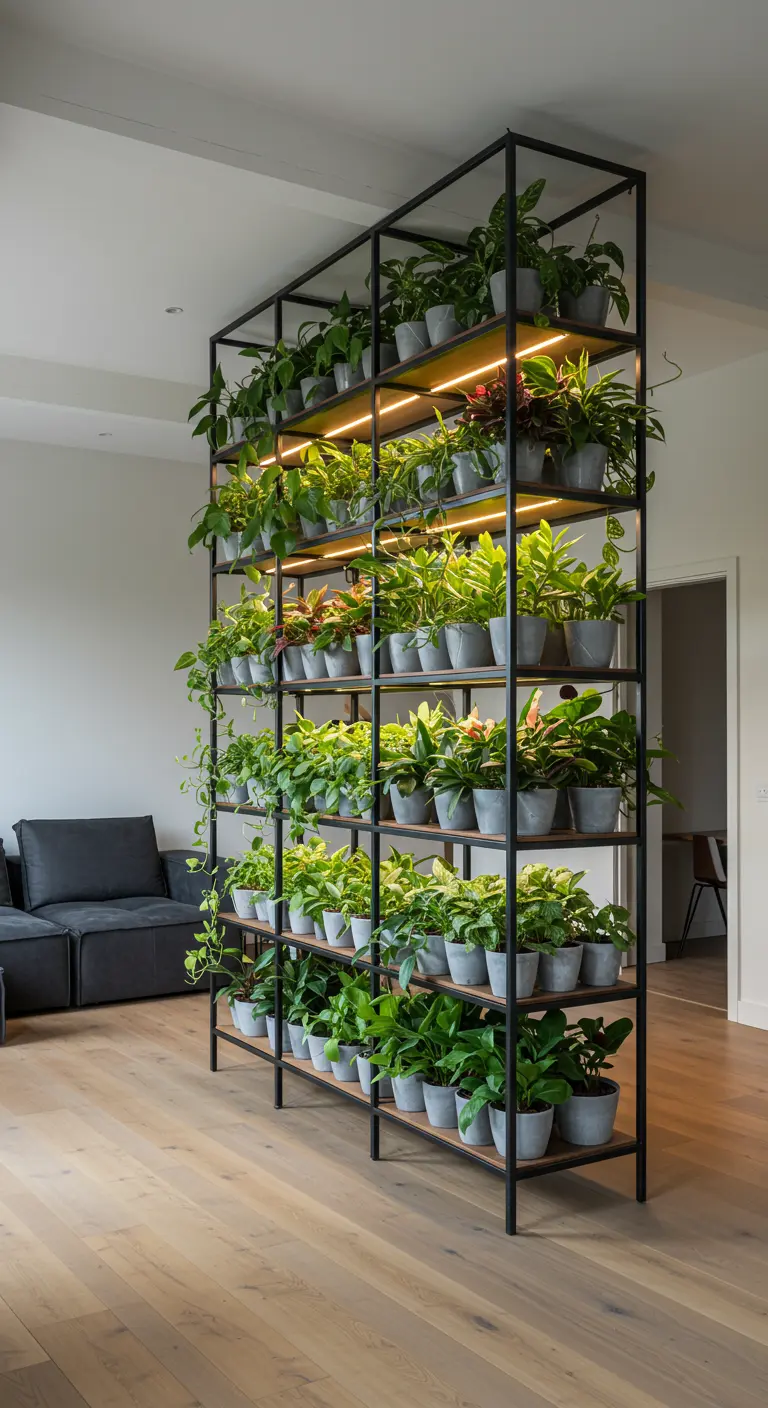 Hoge metalen stellingkast vol groene planten, functionerend als roomdivider.