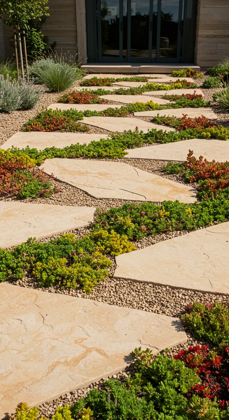 Onregelmatige zandkleurige flagstones met kleurrijke sedumplantjes in de voegen.