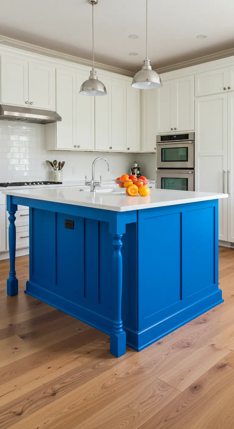 Witte keuken met een opvallend kobaltblauw kookeiland in traditionele stijl.