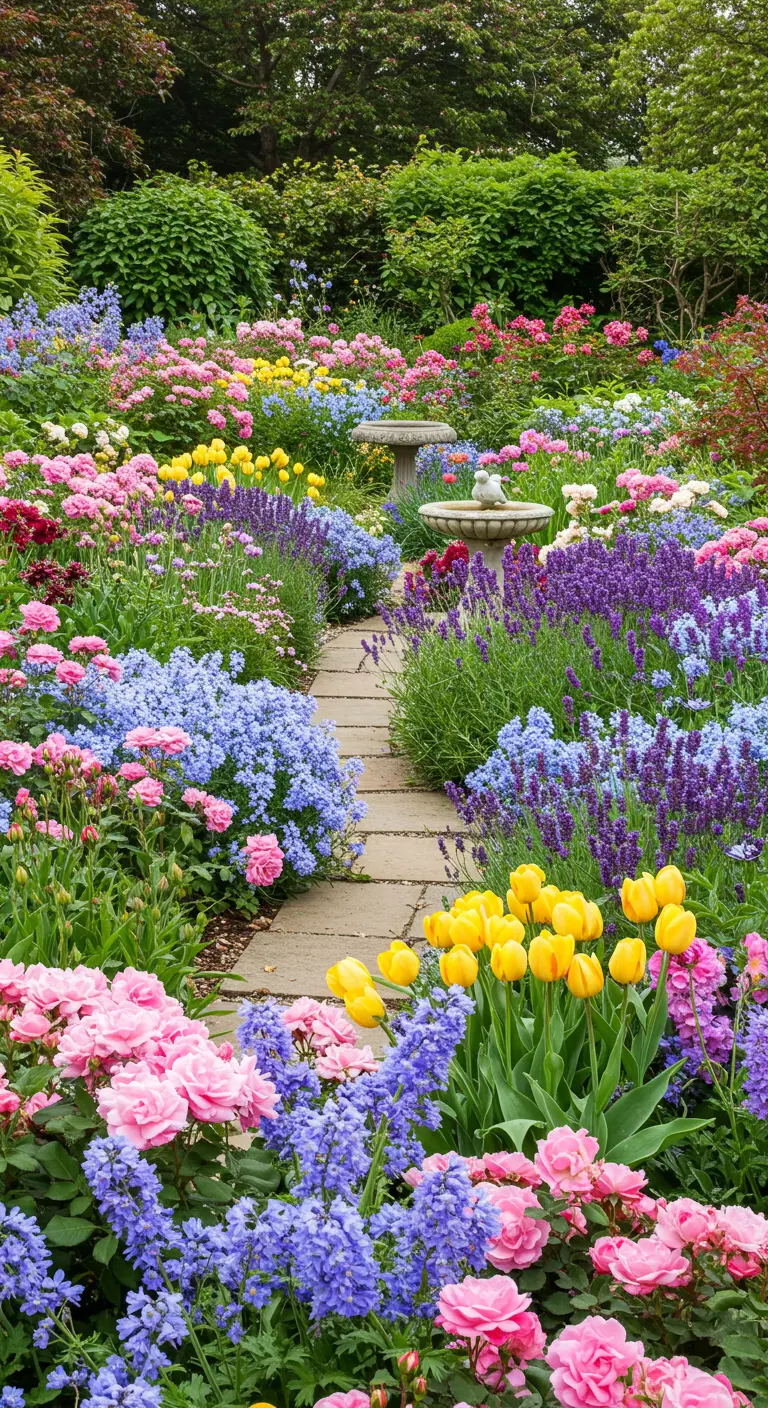 Weelderige bloementuin met paarse, roze, gele, blauwe pastelkleurige bloemen en stenen pad.