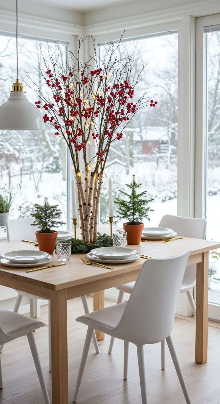 Houten eettafel met berkentakken, rode bessen, kleine sparretjes en kaarsen.