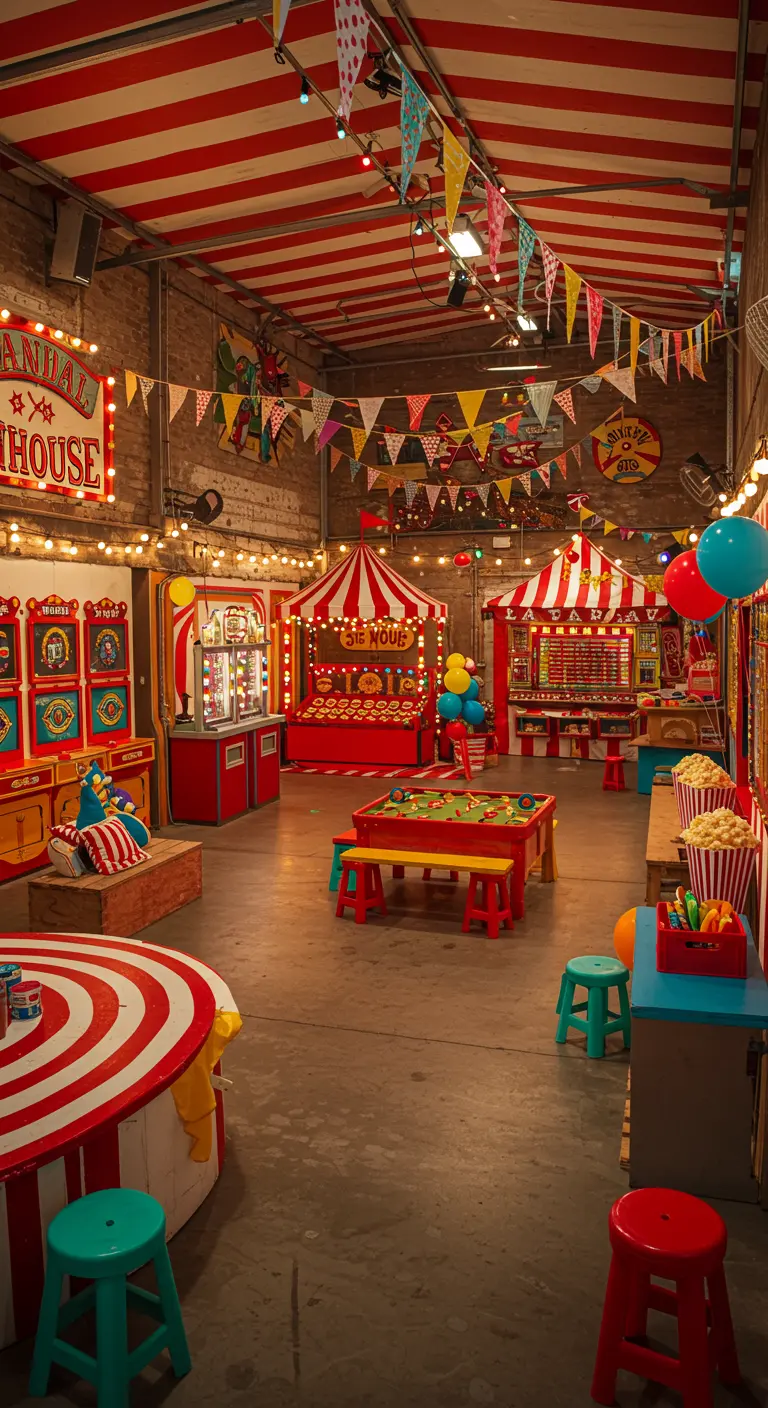 Circus carnavalsfeest in garage met rood-wit gestreepte tenten en vlaggetjes.