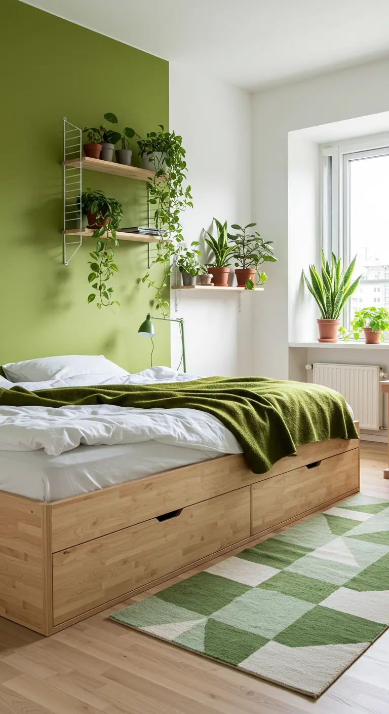 Slaapkamer met felgroene accentmuur, houten bed met lades, veel planten op planken.