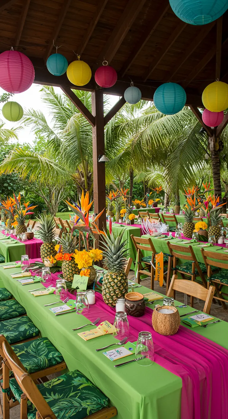 Tropische bruiloft met felgroene en roze tafels, ananassen en kleurrijke lampionnen.