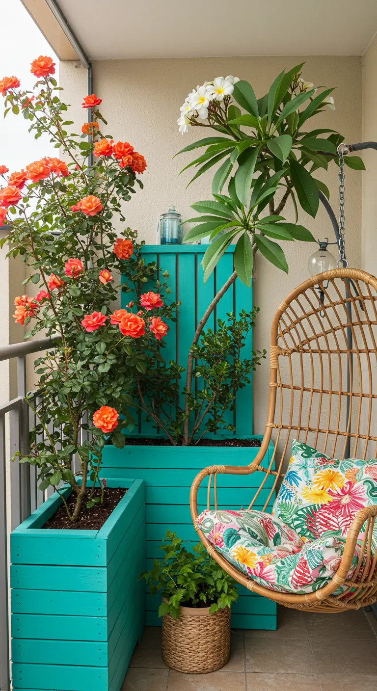 Balkon met turquoise plantenbakken, oranje klimrozen, en een rotan hangstoel met tropisch kussen.