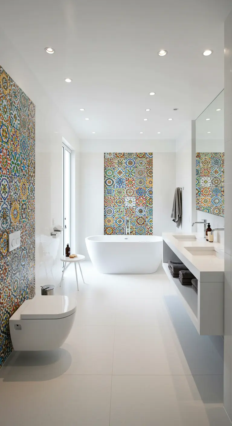 Witte moderne badkamer met één muur bedekt met kleurrijk Marokkaans mozaïek