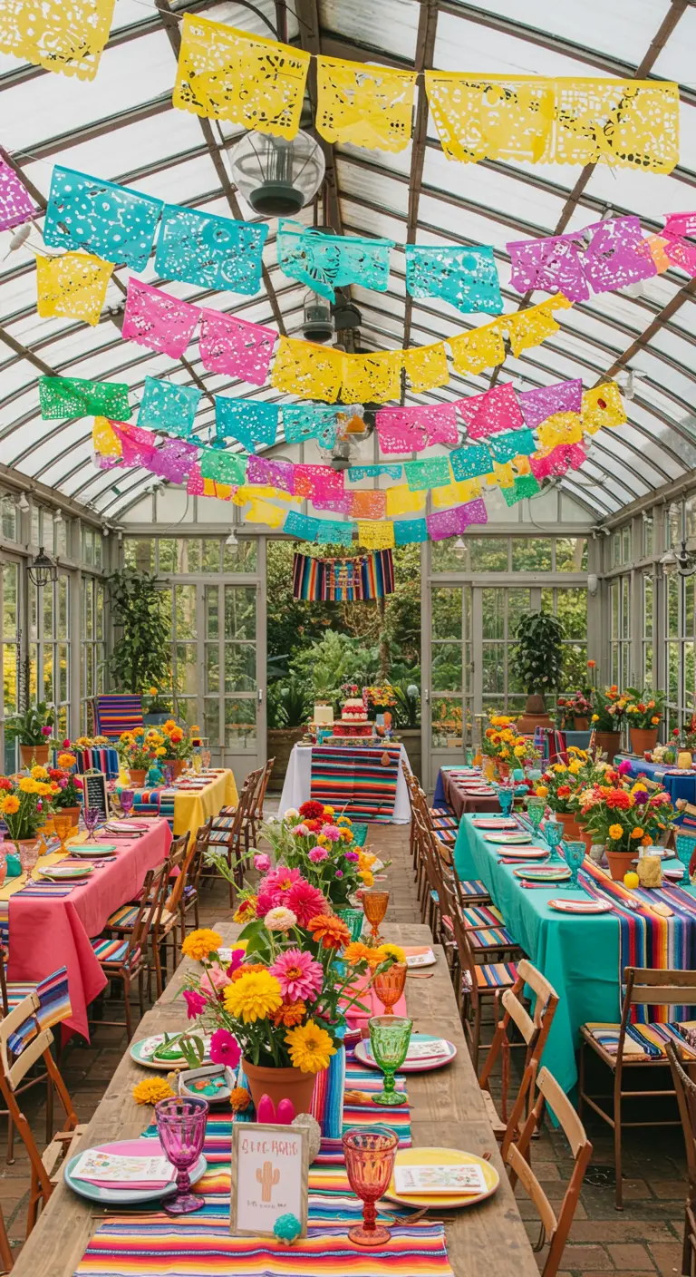 Mexicaans thema bruiloft in kas met papel picado en felle kleuren.
