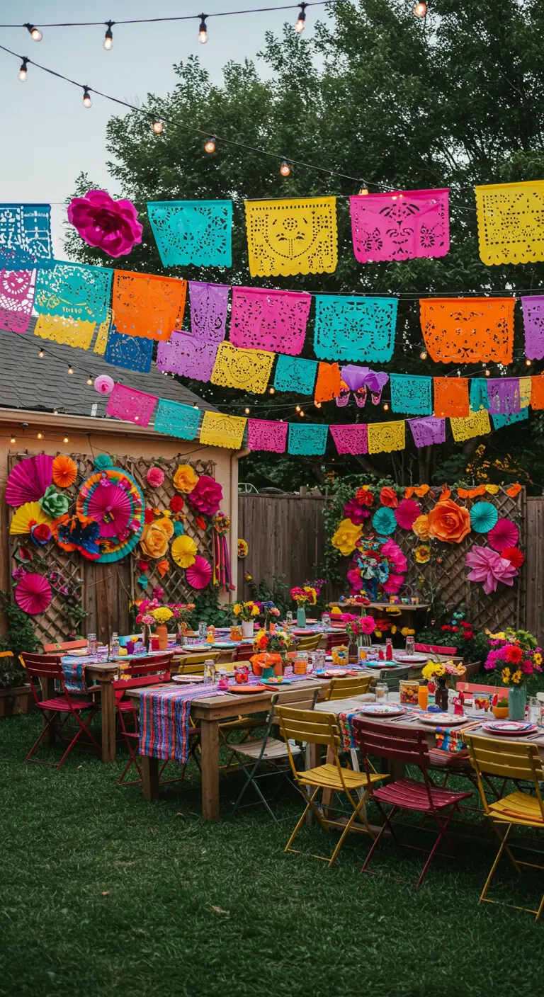 Mexicaans tuinfeest met kleurrijke papel picado, papieren bloemen en waaiers.