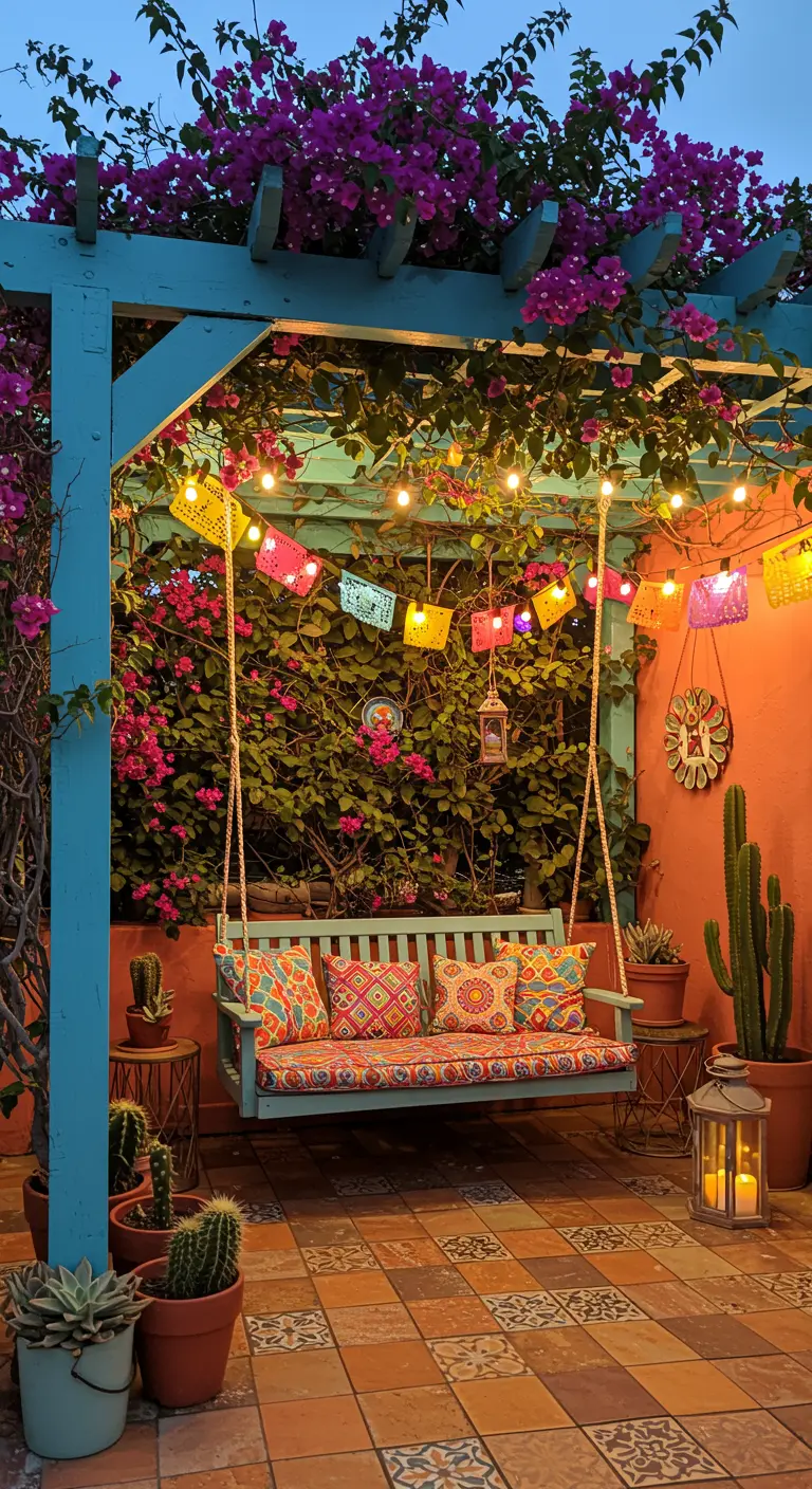 Turquoise pergola met roze bougainvillea, kleurrijke schommelbank, lichtslingers en papel picado.
