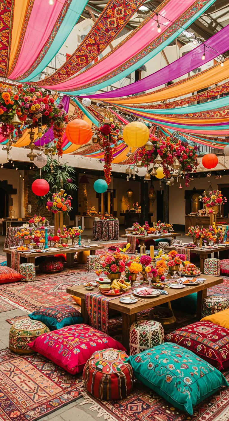 Kleurrijke Marokkaanse themabruiloft met lage tafels, poefs, lampionnen en veel bloemen.