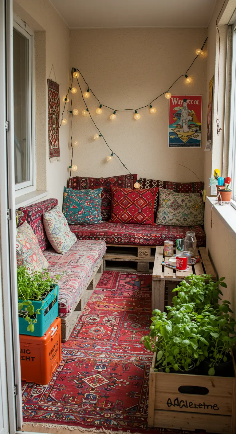 Smal balkon met lange palletbanken, kleurrijke oosterse stoffen, tapijt en planten in houten kratten.