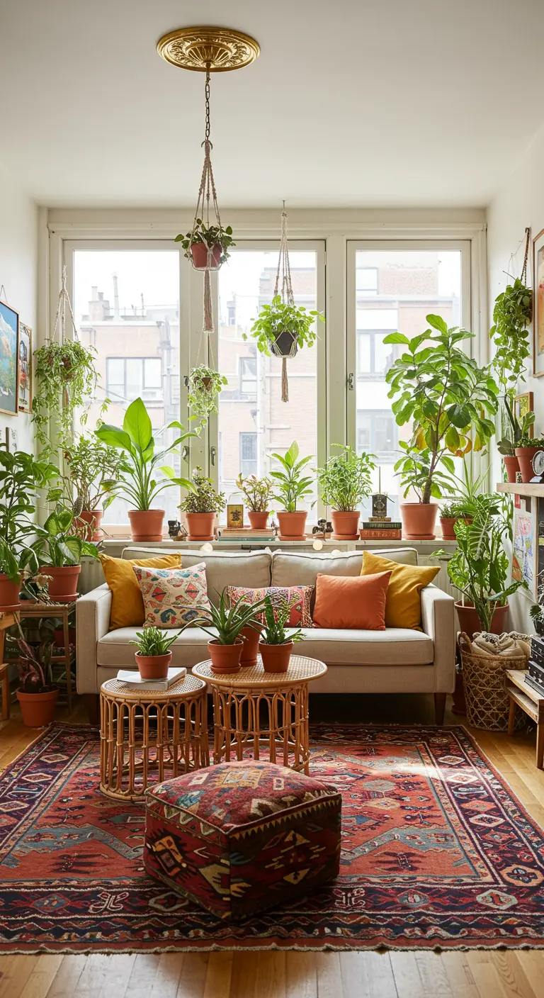 Bohemian woonkamer vol planten, een beige bank en een kleurrijk tapijt.