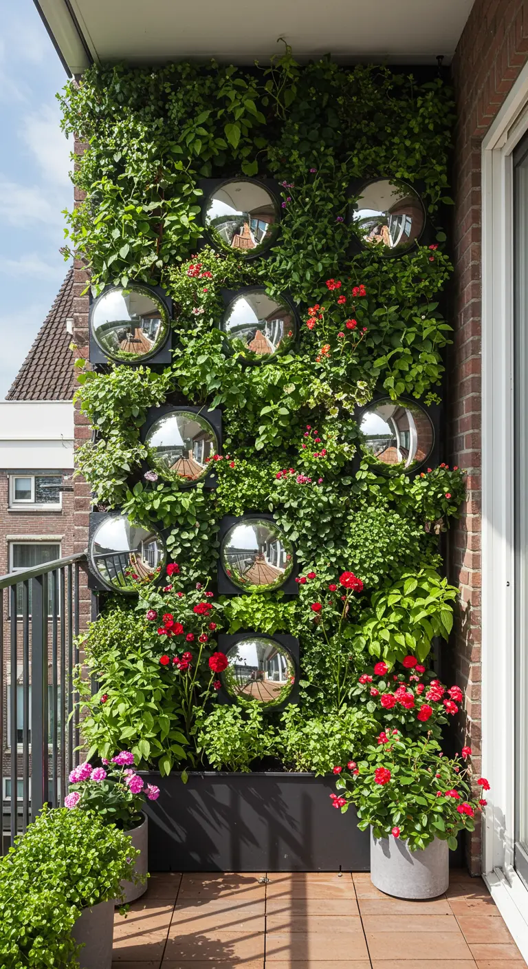 Verticale plantenwand op balkon met diverse bolle spiegels tussen de groene en bloeiende planten.