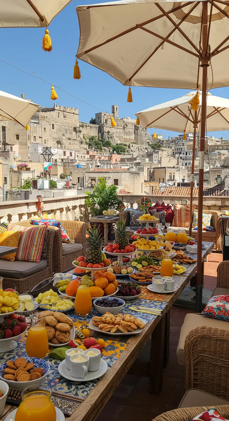 Rooftop brunch met overvloedig fruit, parasols en stadszicht