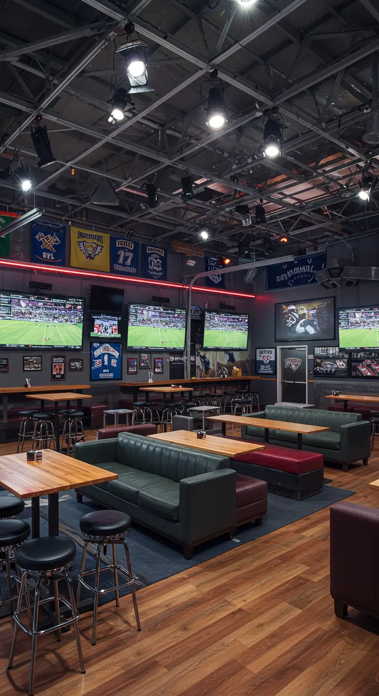 Sports bar in garage met grote schermen, hoge tafels en sportdecoraties.