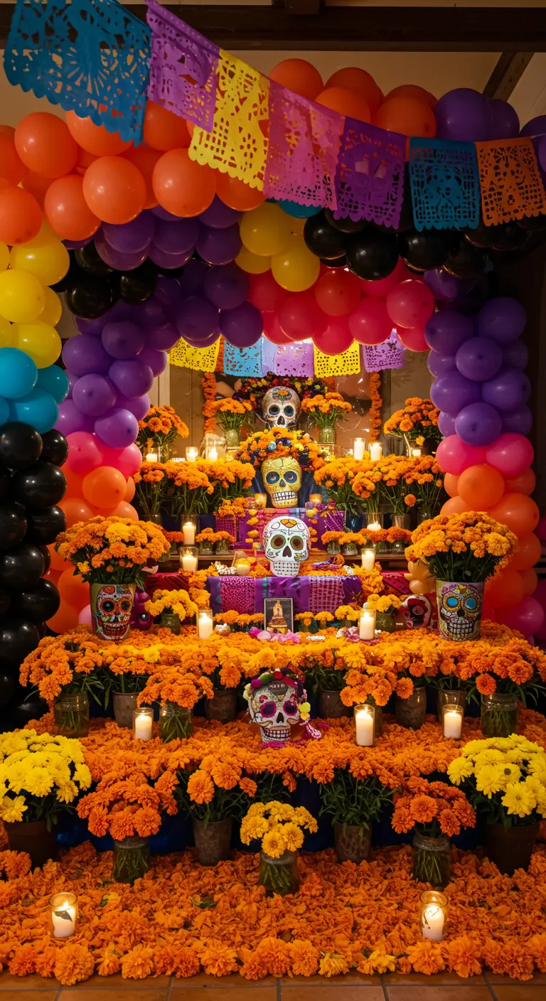 Kleurrijk Día de Muertos altaar met goudsbloemen en een regenboog ballonnenboog.