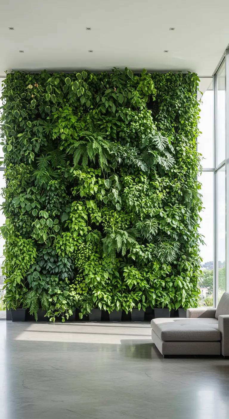 Imposante groene plantenwand in een moderne ruimte met een grijze bank.