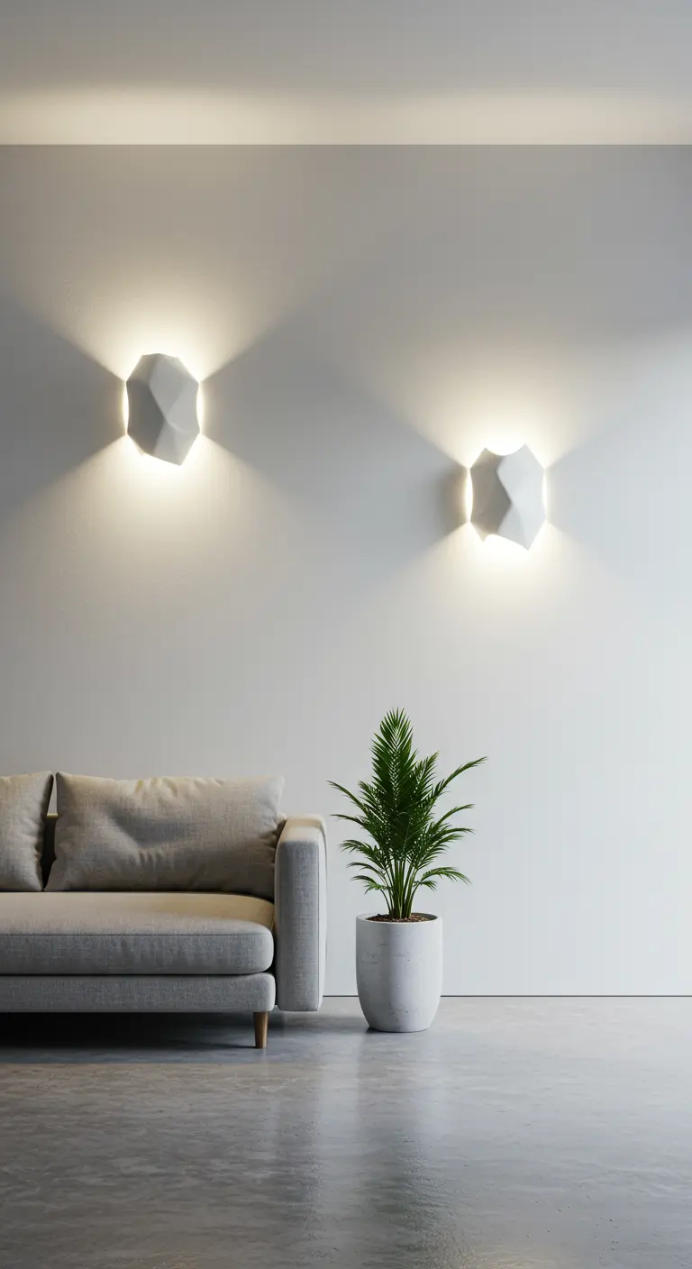 Minimalistische woonkamer met twee abstracte, witte sculpturale wandlampen boven een grijze bank.