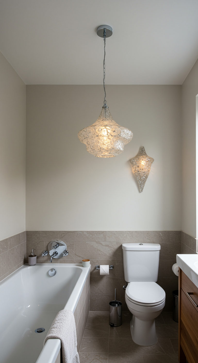Badkamer met opvallende, artistieke glazen hanglamp en wandlamp boven het bad.