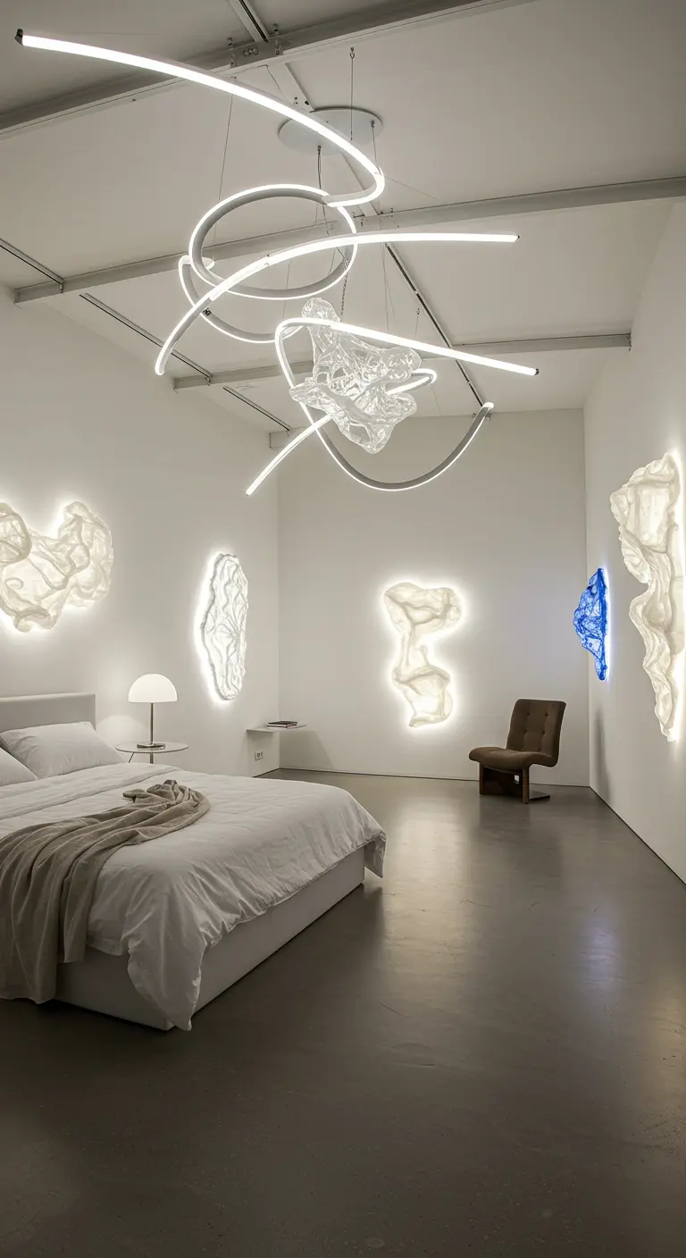 Minimalistische witte slaapkamer met grote, abstracte sculpturale hanglamp en bijpassende wandverlichting.
