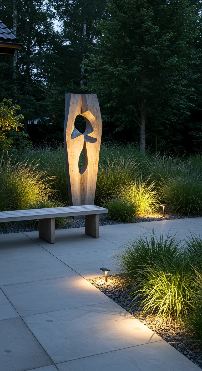 Tuin met abstract houten kunstwerk, houten bankje, grind, stenen tegels en grondspots.