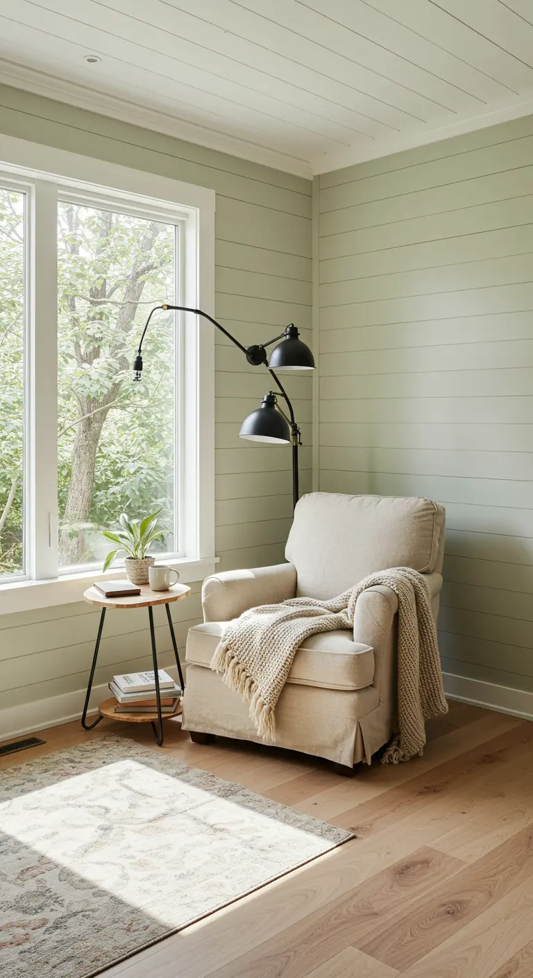 Lichte leeshoek bij raam met beige fauteuil, plaid, houten bijzettafeltje en zwarte vloerlamp.