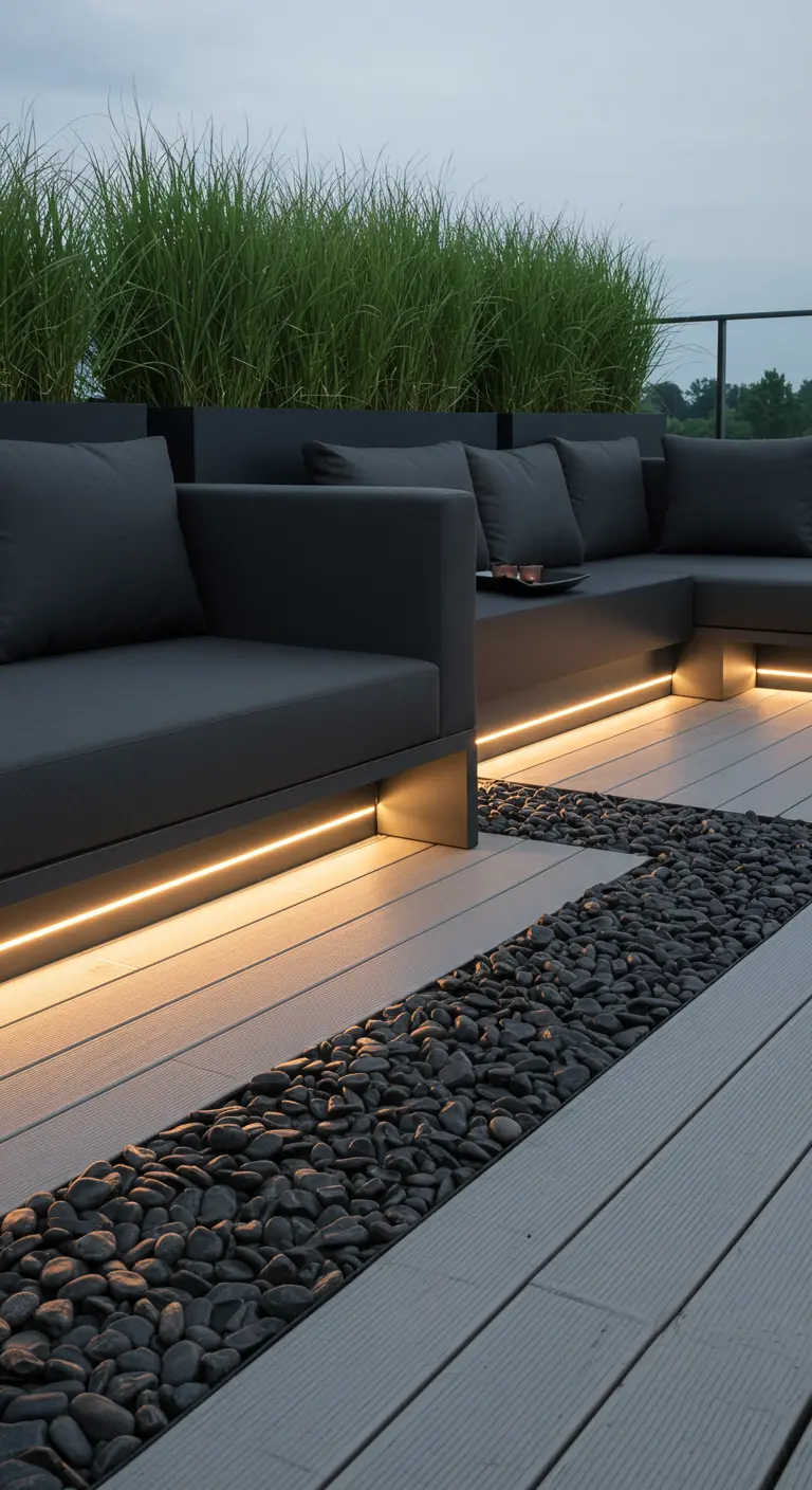 Modern terras met houten vlonder, zwarte keien en LED-verlichting onder loungebank.