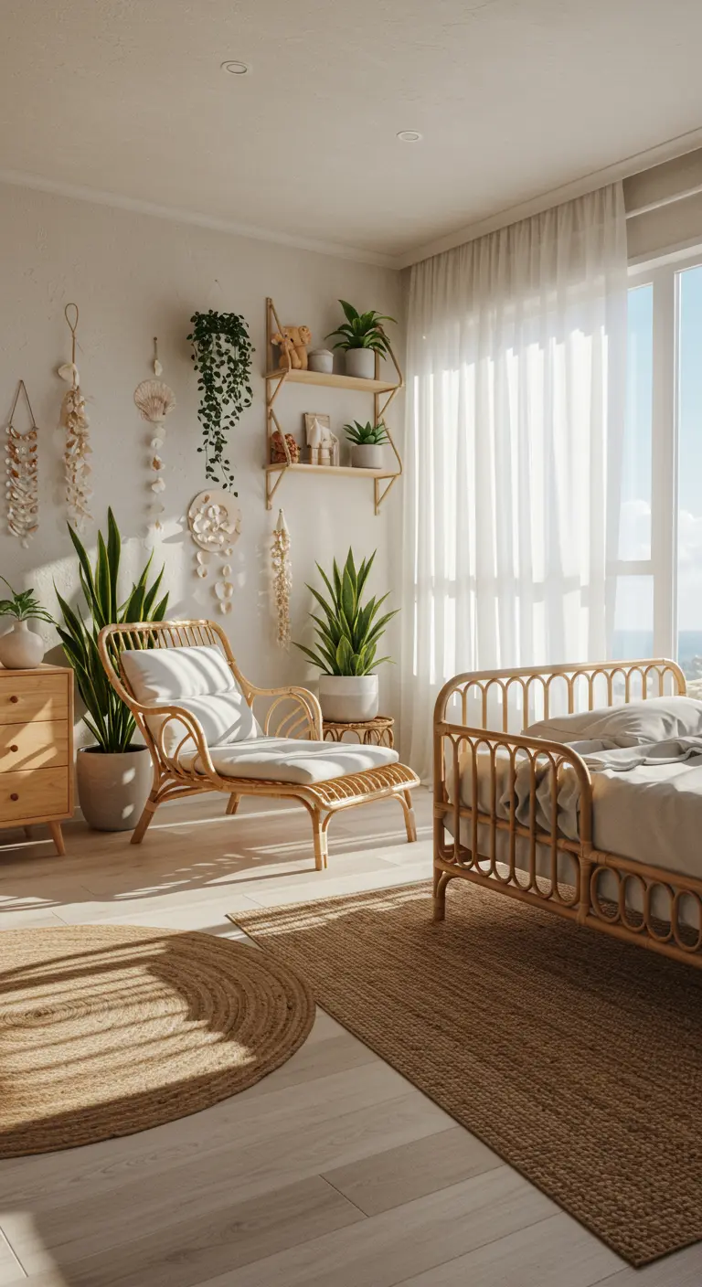 Lichte slaapkamer met rotan meubels, veel ramen en heldere gordijnen, uitzicht op zee.