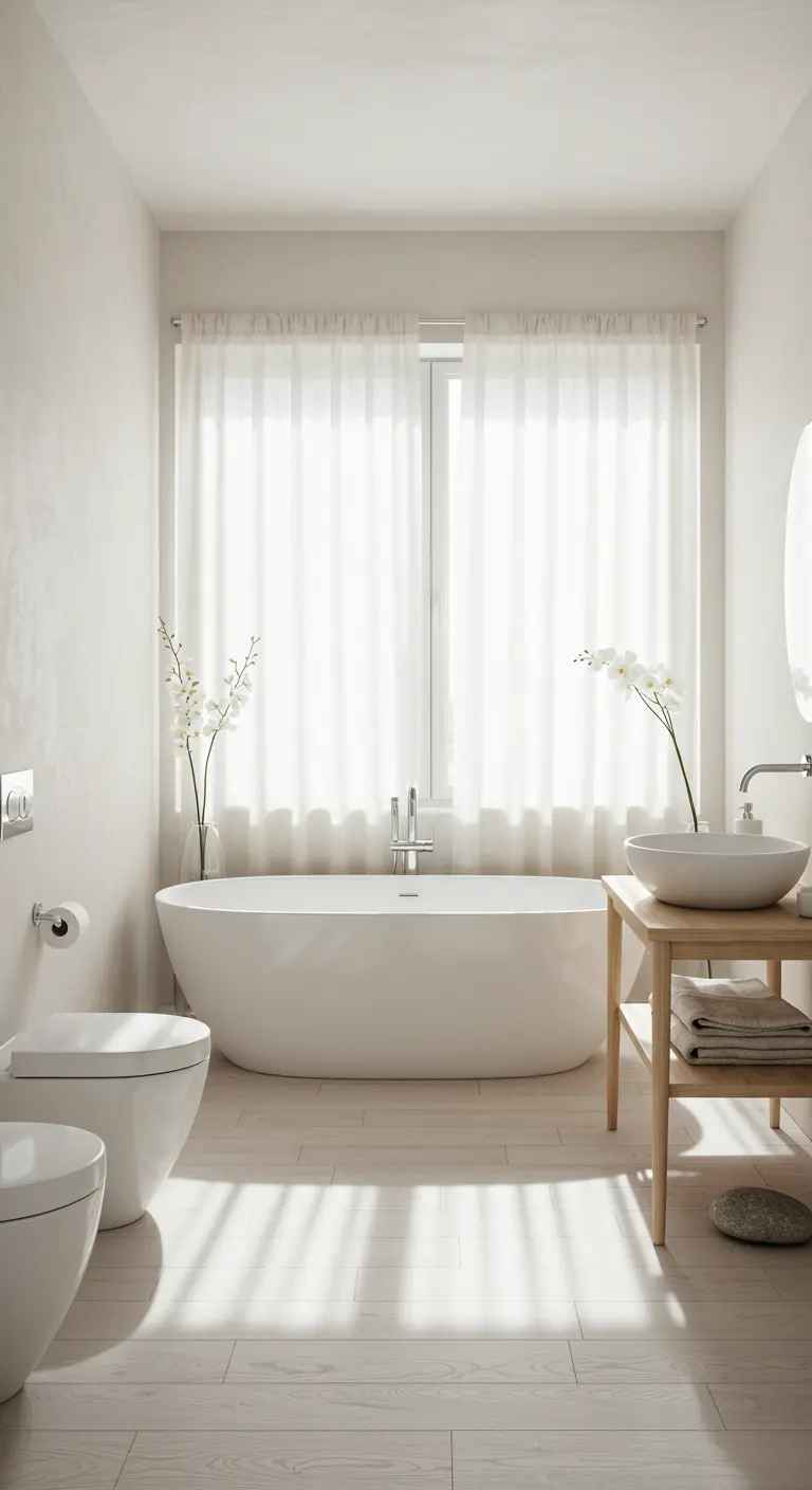 Lichte wabi-sabi badkamer met witte muren, transparante gordijnen, orchideeën en houten meubel.
