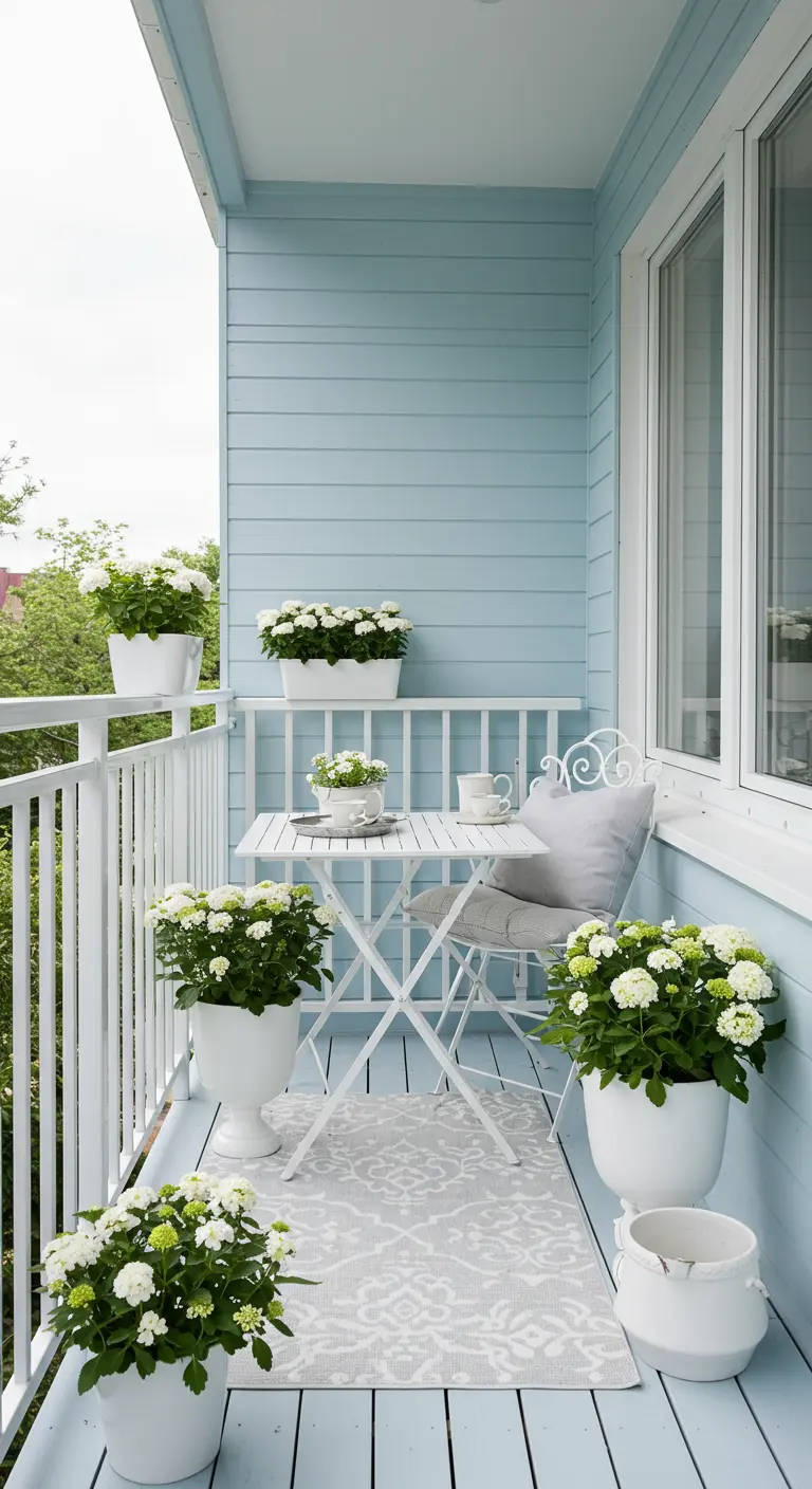 Lichtblauw balkon met witte bistroset en witte bloemen in potten.