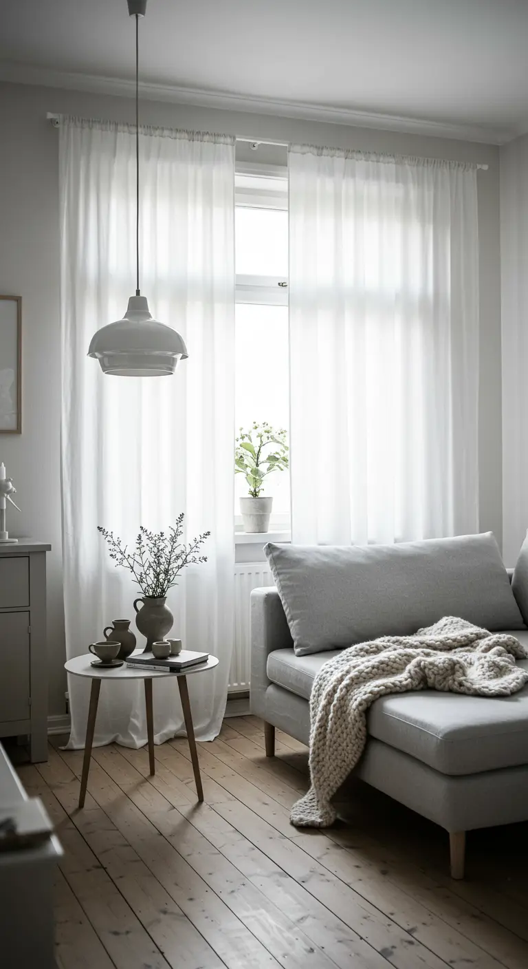 Lichte, Scandinavische woonkamer met witte vitrage, grijze bank en houten vloer.