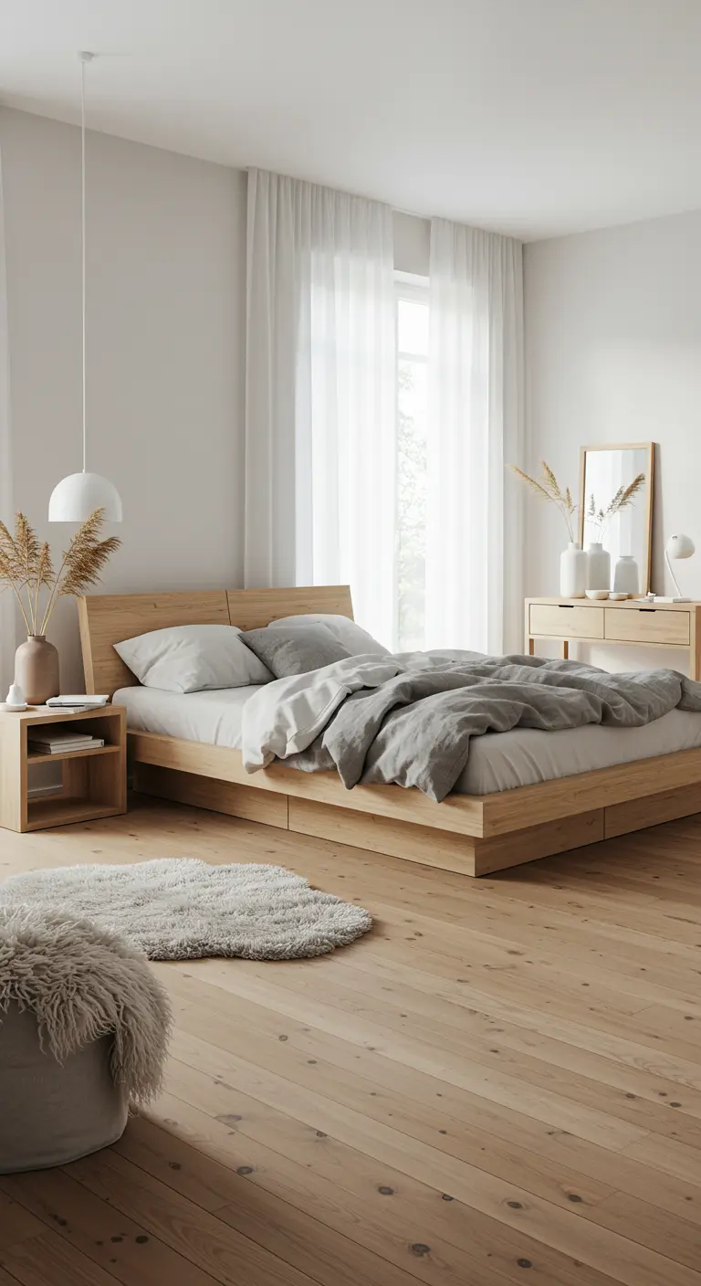 Lichte slaapkamer met houten platformbed en grijswit beddengoed.