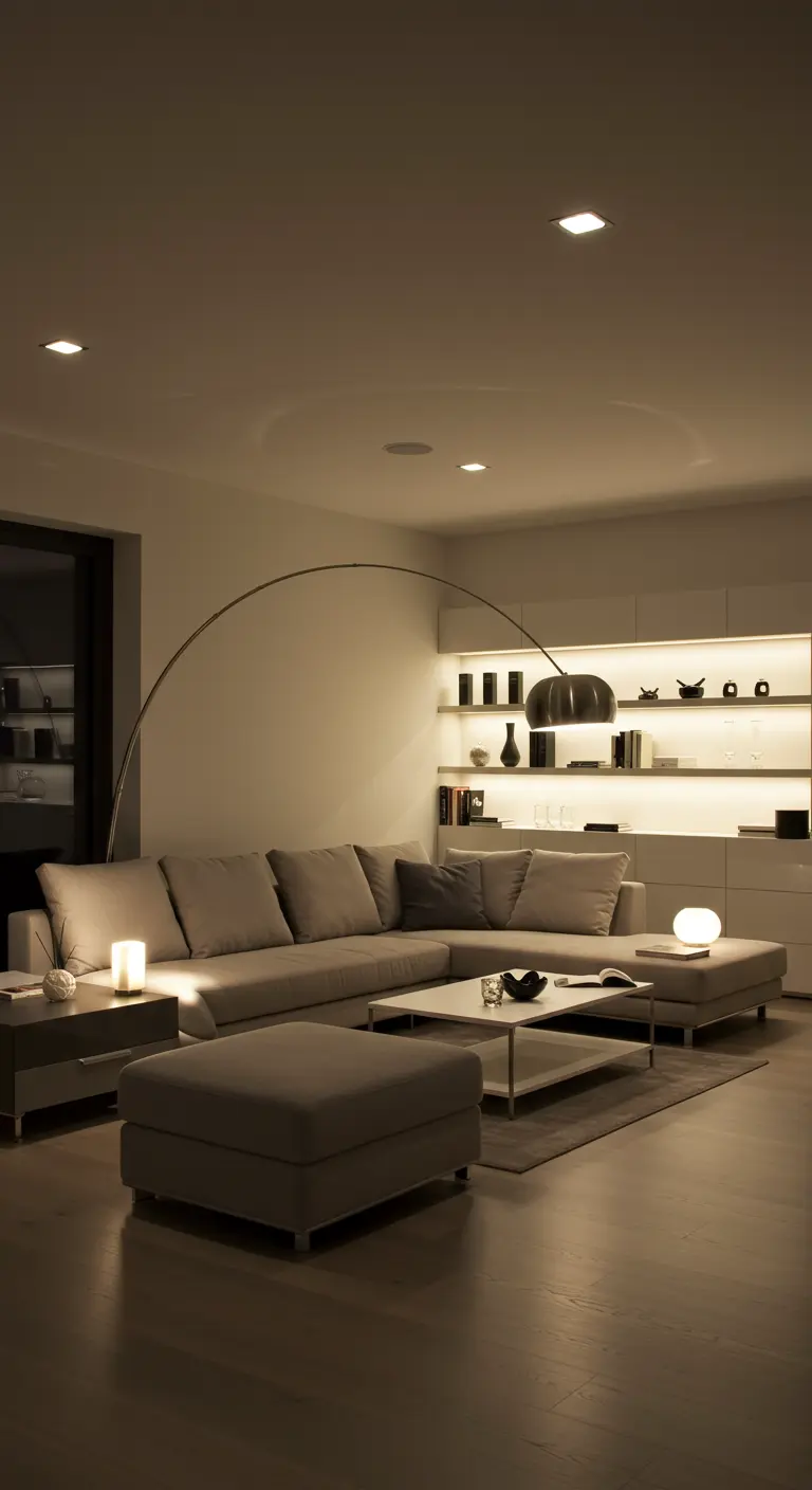 Modern woonkamer met booglamp en indirecte verlichting in kasten.