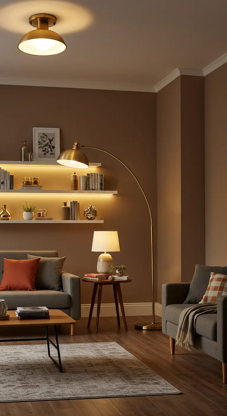 Gezellige woonkamer met wandplanken voorzien van indirecte LED-verlichting en een booglamp.