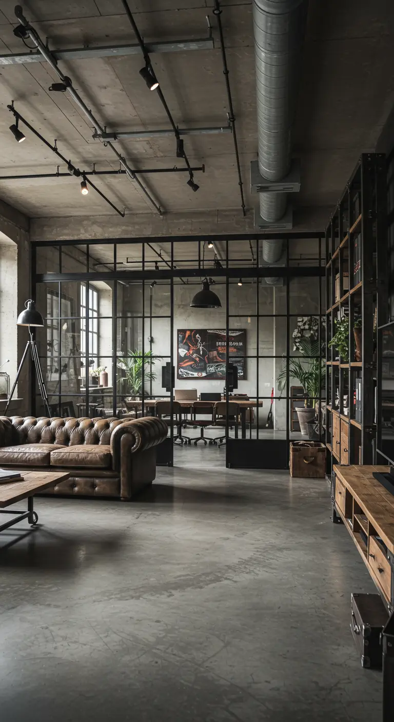 Industriële glazen wand met zwarte stalen kozijnen scheidt ruimtes in loft-stijl woonkamer.