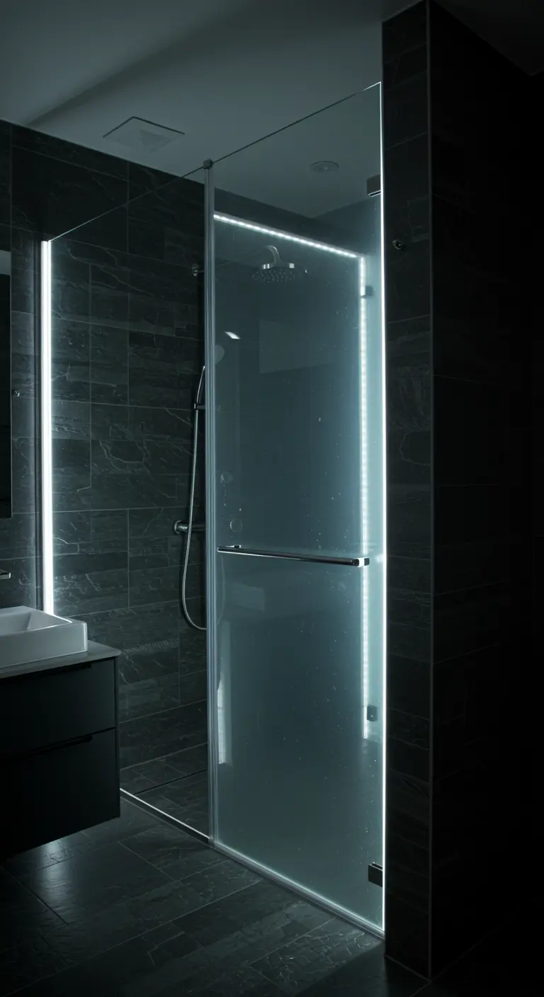 Donkere badkamer met LED-verlichting langs de randen van de glazen douchedeur.